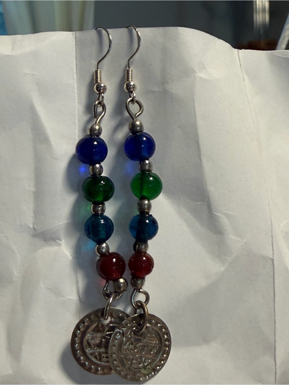 Colorful Beaded Chakra Drop Earrings with Coin Charm - Multicolor